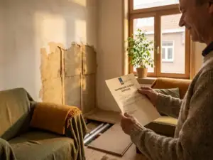 Huiseigenaar houdt subsidiebrief vast in woonkamer met zichtbare vloer- en wandisolatie, warm natuurlijk licht.