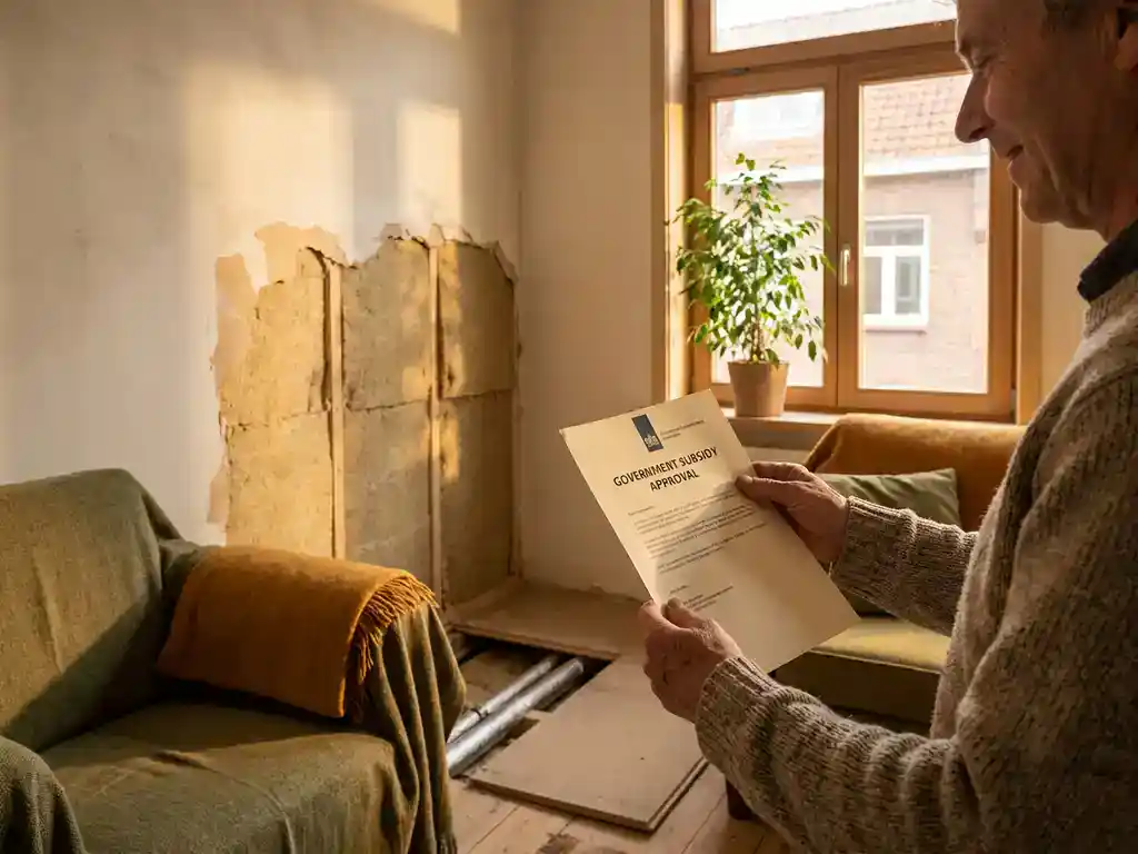Huiseigenaar houdt subsidiebrief vast in woonkamer met zichtbare vloer- en wandisolatie, warm natuurlijk licht.