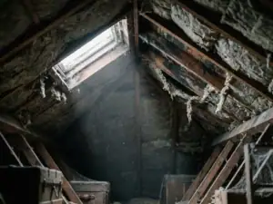Verweerde zoldervloer met gaten in verouderde minerale wol tussen houten dakbalken, vochtplekken op het hout, lichtstraal vanuit dakraam.
