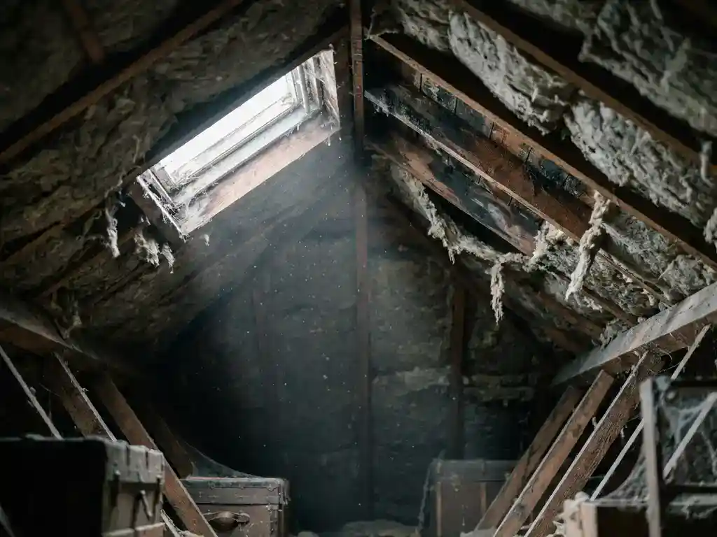 Verweerde zoldervloer met gaten in verouderde minerale wol tussen houten dakbalken, vochtplekken op het hout, lichtstraal vanuit dakraam.