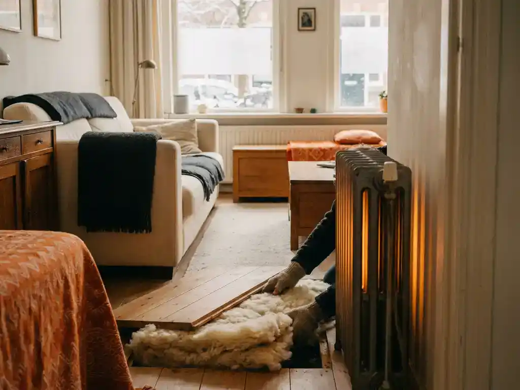 Isolatiemateriaal onder houten vloerdeel in Nederlandse woonkamer, met vorst op raam en warme gloed van radiator.