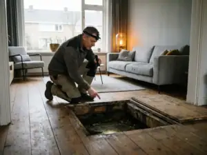 Isolatiespecialist inspecteert ongeïsoleerde kruipruimte onder houten vloer van Nederlandse woning bij daglicht.