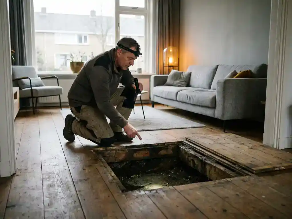 Isolatiespecialist inspecteert ongeïsoleerde kruipruimte onder houten vloer van Nederlandse woning bij daglicht.