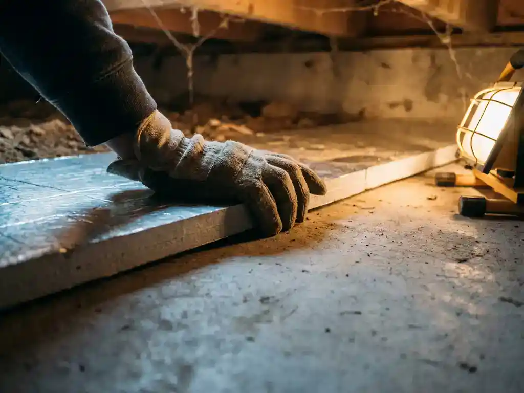 Gehandschoende hand die drukt op een PIR-isolatieplaat tegen een betonnen ondervloer in een kruipruimte.