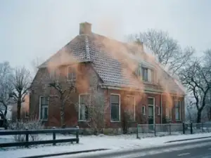 Warmteverlies zichtbaar als waas boven het dak en de muren van een Nederlandse vrijstaande woning in de winter, omgeven door kale bomen en rijp.
