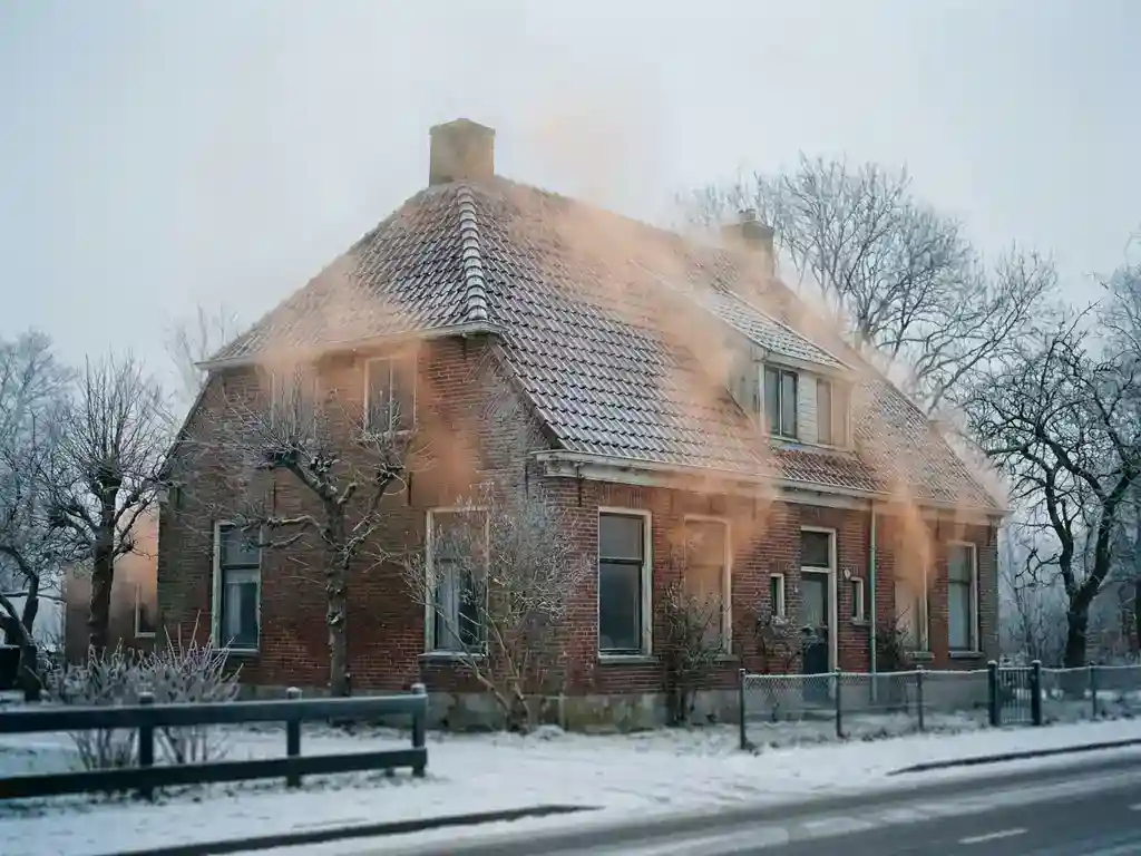 Warmteverlies zichtbaar als waas boven het dak en de muren van een Nederlandse vrijstaande woning in de winter, omgeven door kale bomen en rijp.