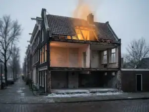 Dwarsdoorsnede van een Nederlandse rijtjeswoning met warmteverlies via dak, dunne muren en betonvloer in winterse kou.