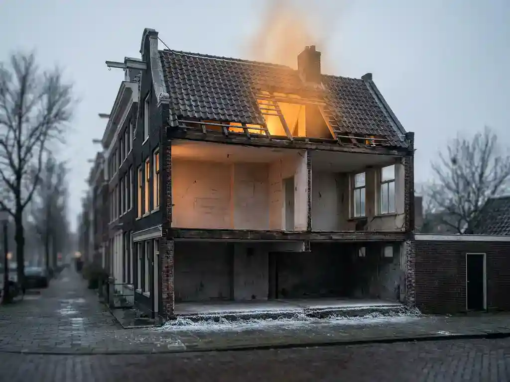 Dwarsdoorsnede van een Nederlandse rijtjeswoning met warmteverlies via dak, dunne muren en betonvloer in winterse kou.