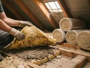 Aannemer verwijdert verouderde gele dakisolatie in zoldervloer, met nieuwe minerale wol rollen klaar op houten balken.