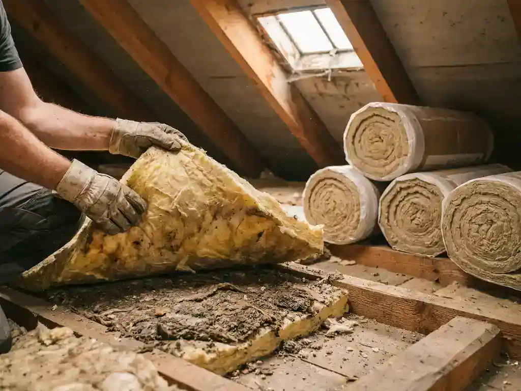 Aannemer verwijdert verouderde gele dakisolatie in zoldervloer, met nieuwe minerale wol rollen klaar op houten balken.