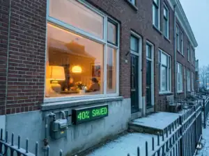 Nederlandse bakstenen rijtjeswoning met verlicht interieur, gasmeter en energiedisplay op de gevel, rijp op omliggende oppervlakken in winterlicht.