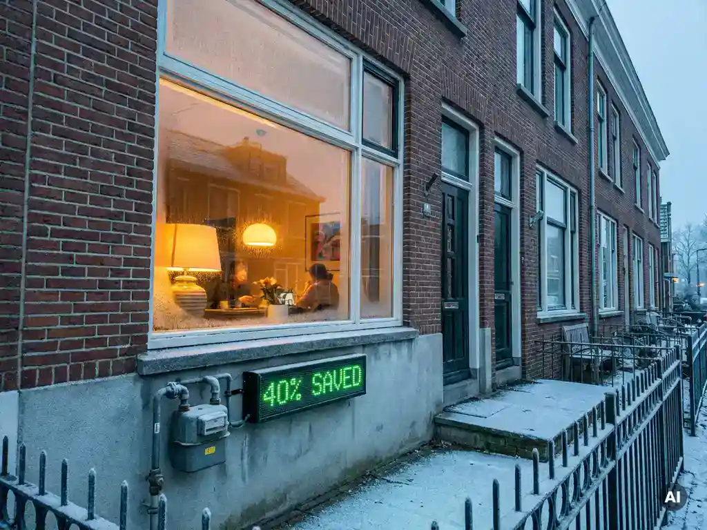 Nederlandse bakstenen rijtjeswoning met verlicht interieur, gasmeter en energiedisplay op de gevel, rijp op omliggende oppervlakken in winterlicht.