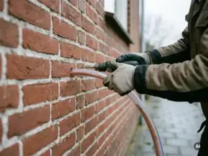 Specialist boort gat in rood bakstenen spouwmuur van Nederlandse woning voor inblazen van isolatiegranulaat.