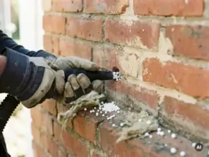 Installateur injecteert witte EPS-parels in spouwmuur via geboord gat in bakstenen buitengevel.