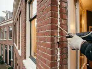 Spouwmuurisolatie inspuiten via geboord gat in traditionele rode bakstenen gevel van Nederlandse woning.