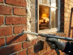 Spouwmuurisolatie injectie in verweerde rode baksteen, handschoen met injectiespuit in boorgat, warm verlicht interieur op achtergrond.