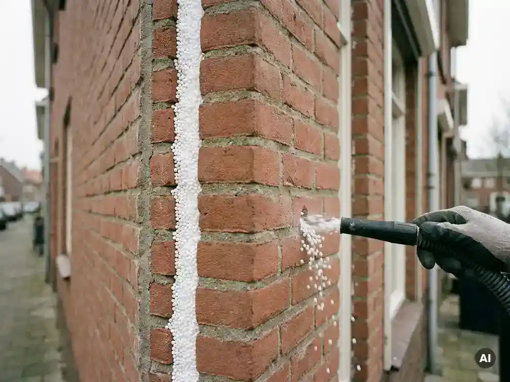 Specialist injecteert witte isolatiekorrels via boorgatje in spouwmuur van Nederlandse bakstenen rijtjeswoning.