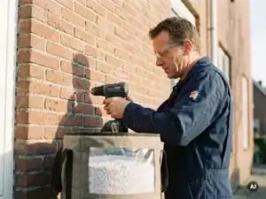 Gecertificeerde isolatiespecialist boort gat in spouwmuur van rood Hollands metselwerk voor het inblazen van isolatieparels.