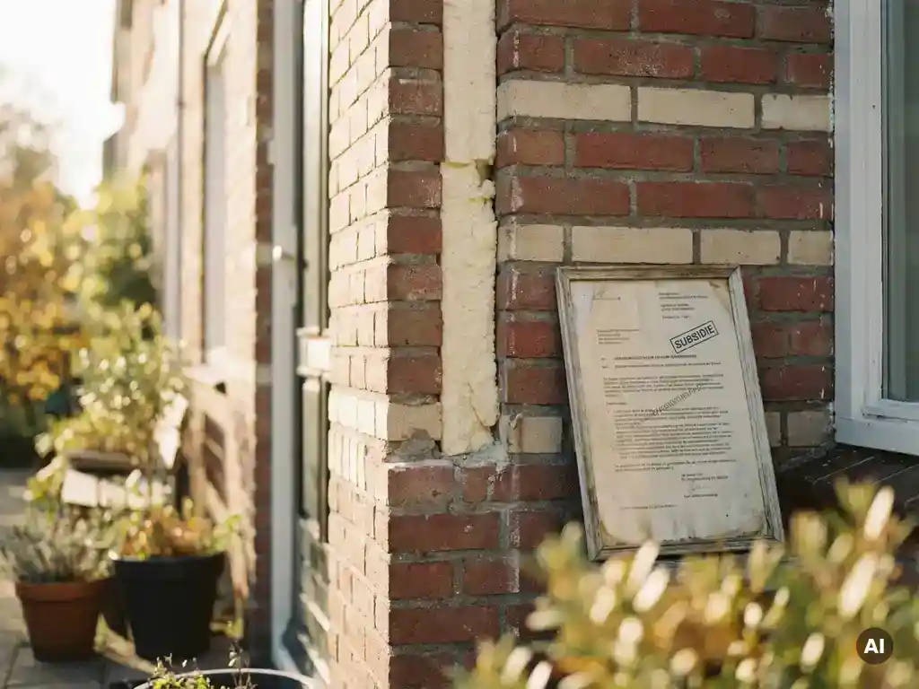Doorsnede van spouwmuur met isolatieschuim in Nederlandse bakstenen gevel, subsidiedocument tegen de muur, warm middaglicht.