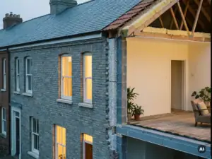 Doorsnede van een Nederlandse rijtjeswoning met spouwmuurisolatie, dakisolatie onder pannen en vloerisolatie onder houten planken.