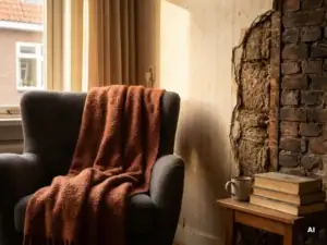 Gezellige Nederlandse woonkamer met doorgesneden spouwmuur die isolatiemateriaal tussen baksteenlagen onthult, wollen deken op de bank.