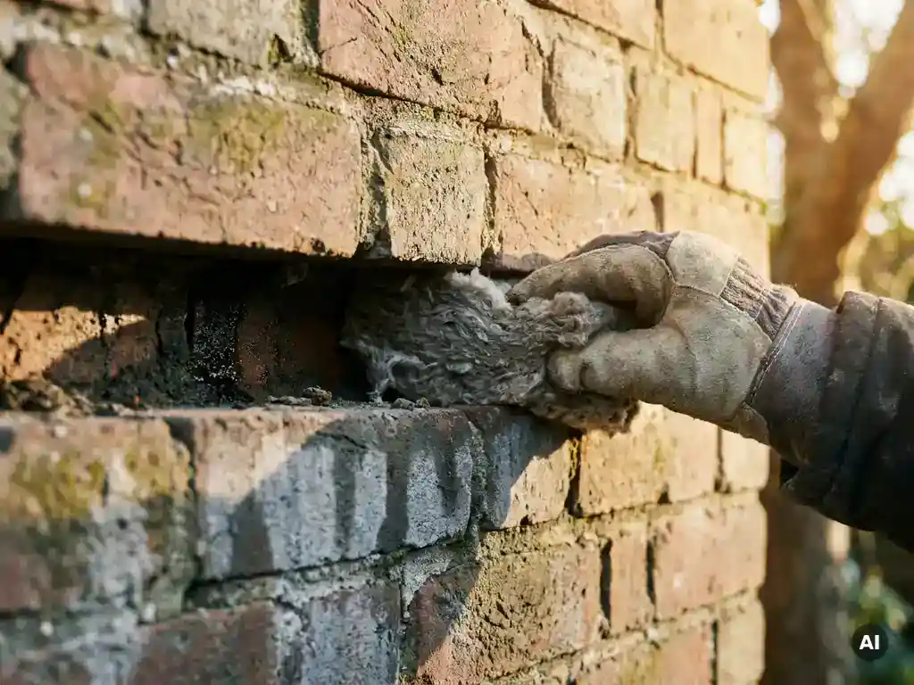 Isolatiespecialist duwt isolatiemateriaal in de spouw van een verweerde Nederlandse bakstenen spouwmuur met vochtsporen op de voeg.