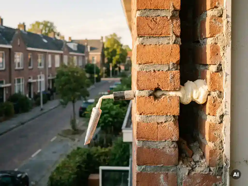 Spouwmuurisolatie injectie in Nederlandse bakstenen tussenwoning, schuim gespoten via boorgat in terracotta gevel.