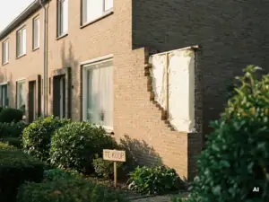 Nederlandse woning met doorgesneden spouwmuur die dikke isolatieschuim tussen bakstenen toont, te koop bord in tuin.