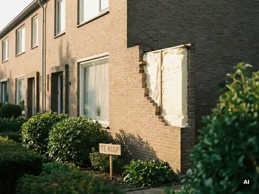 Nederlandse woning met doorgesneden spouwmuur die dikke isolatieschuim tussen bakstenen toont, te koop bord in tuin.