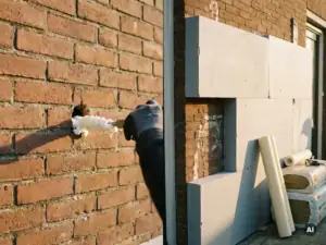Spouwmuurisolatie via ingeboord gat in bakstenen gevel, met rigide isolatiepanelen gedeeltelijk bevestigd op de buitenmuur.