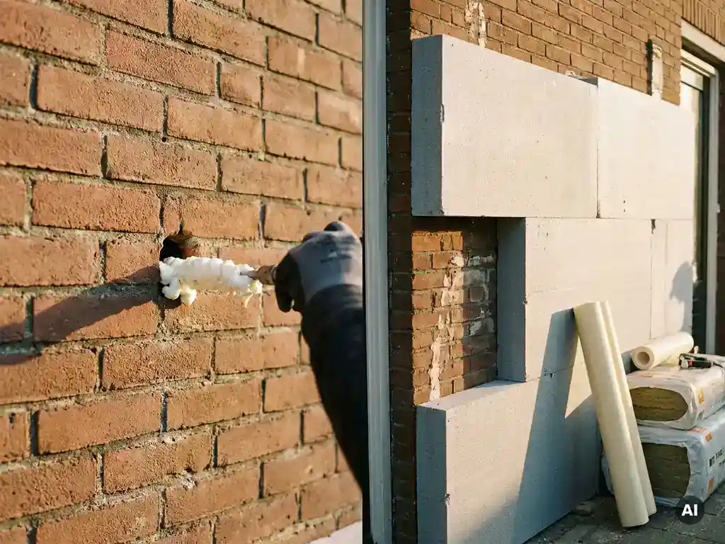 Spouwmuurisolatie via ingeboord gat in bakstenen gevel, met rigide isolatiepanelen gedeeltelijk bevestigd op de buitenmuur.