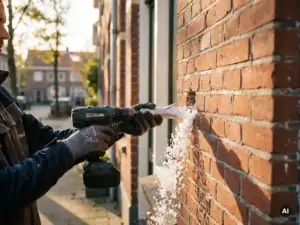 Spouwmuurisolatie technicus die een gat boort in een bakstenen gevel, met witte isolatiegranules die de spouwmuur invloeien.