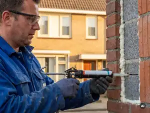 Monteur injecteert isolatieschuim in spouwmuur van Nederlandse woning via boorgat in bakstenen gevel.