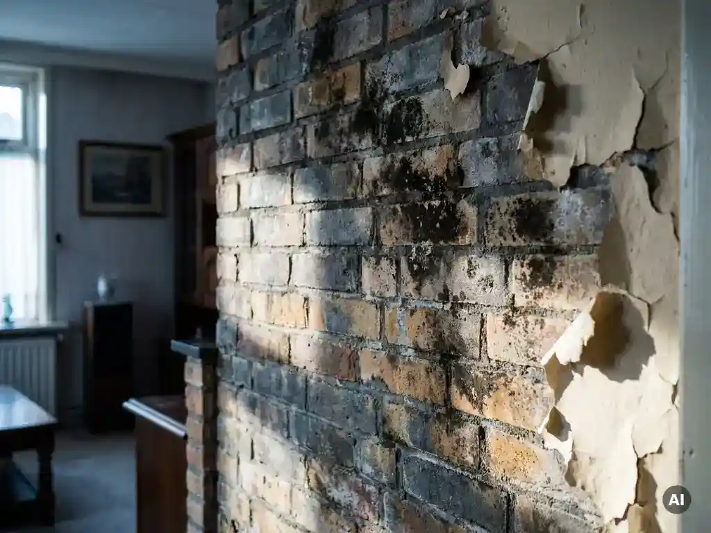 Vochtige bakstenen muur met schimmelplekken, afbladderende verf en vochtschade in Nederlandse woonkamer.
