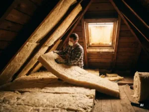 Isolatiemonteur plaatst minerale wolpanelen tussen houten dakspanten in zolderkap, warm amberkleurig licht door dakraam.