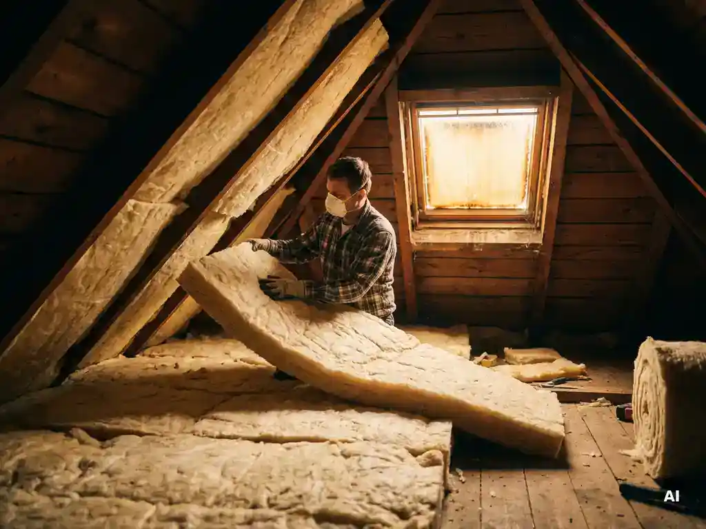 Isolatiemonteur plaatst minerale wolpanelen tussen houten dakspanten in zolderkap, warm amberkleurig licht door dakraam.