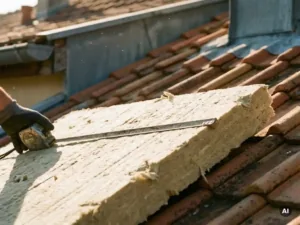 Dakisolatieplaat gemeten met stalen rolmaat op hellend dak met terracotta pannen in warm middagzonlicht.