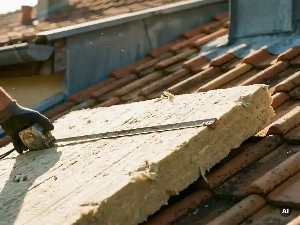 Dakisolatieplaat gemeten met stalen rolmaat op hellend dak met terracotta pannen in warm middagzonlicht.