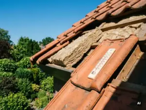 Dakisolatie onder opgetilde terracotta dakpannen van Nederlandse woning, thermometer toont zomerhitte, groene tuin zichtbaar op achtergrond.