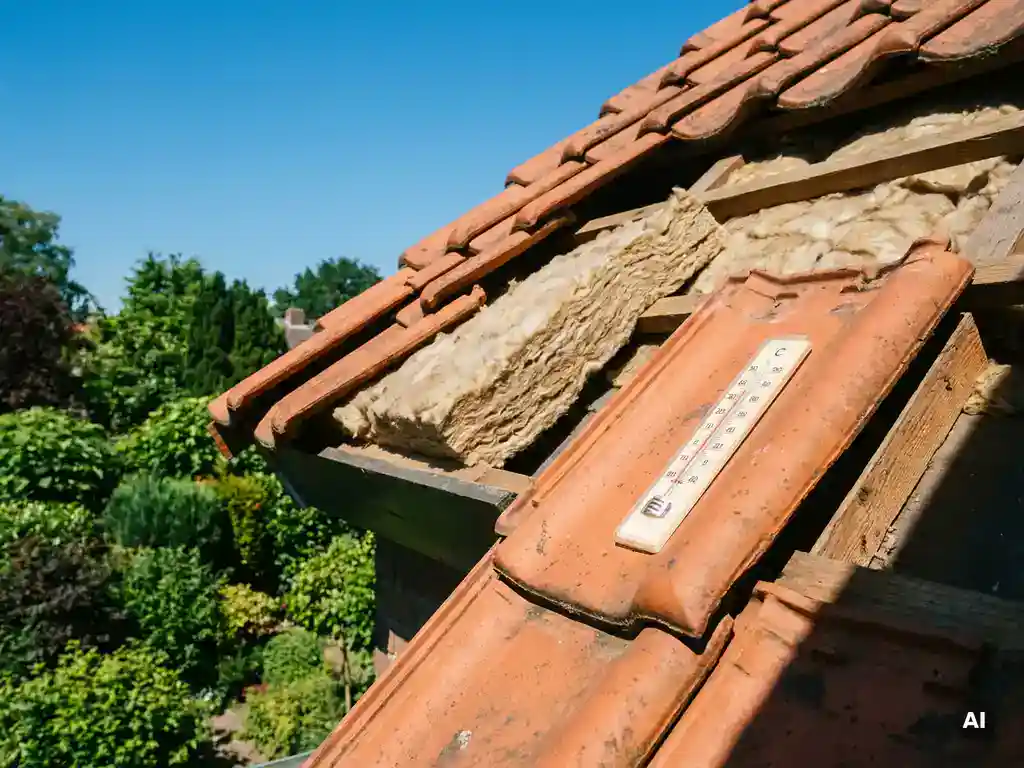 Dakisolatie onder opgetilde terracotta dakpannen van Nederlandse woning, thermometer toont zomerhitte, groene tuin zichtbaar op achtergrond.