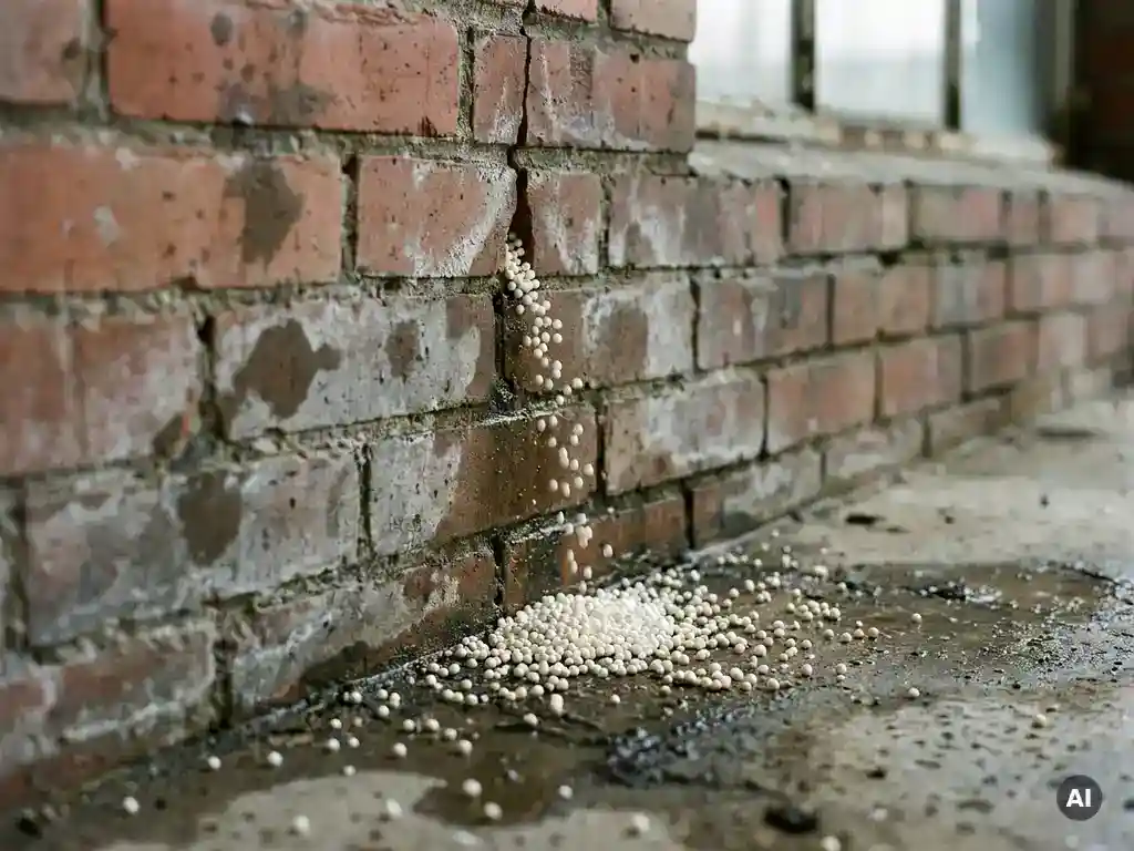 Witte EPS-parels lekken uit een scheur in een bakstenen spouwmuur, met losse korrels op een vochtige betonvloer eronder.