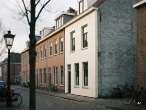 Geïsoleerde gevel van een Nederlandse bakstenen rijtjeswoning naast een onbehandelde muur, warm terracottakleurig metselwerk in zacht middaglicht.