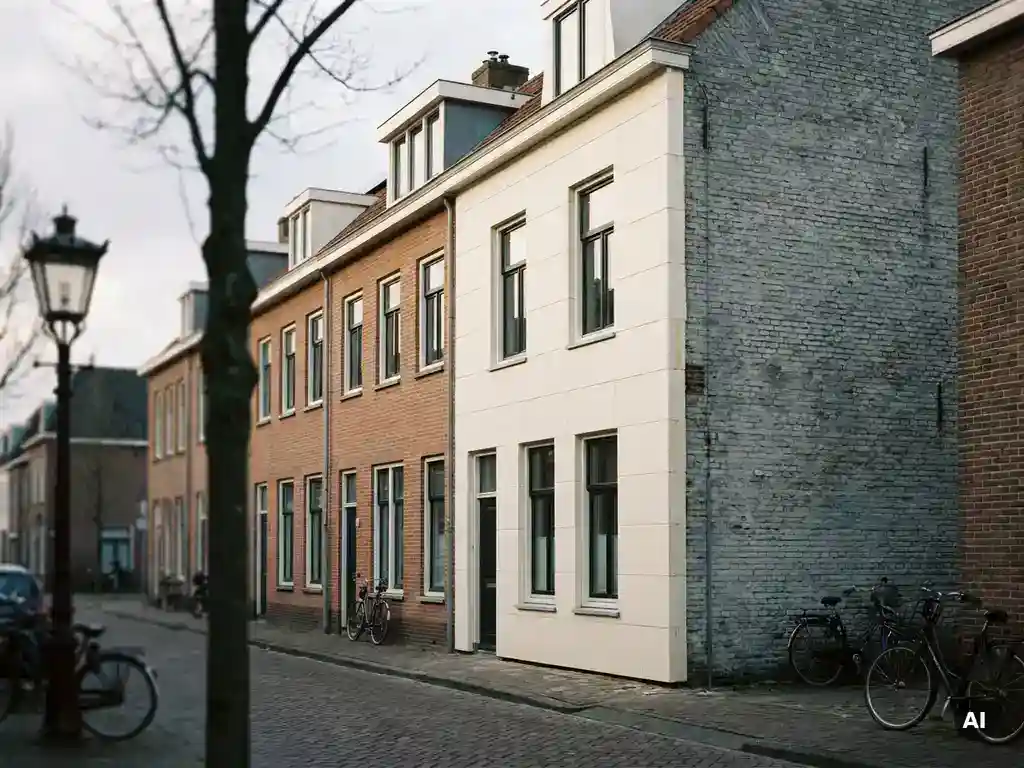 Geïsoleerde gevel van een Nederlandse bakstenen rijtjeswoning naast een onbehandelde muur, warm terracottakleurig metselwerk in zacht middaglicht.