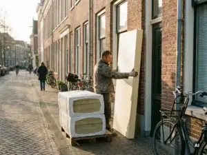 Vakman die mineraalwolplaten tegen bakstenen buitenmuur bevestigt op Nederlandse woonstraat, witte isolatiepanelen gestapeld op de voorgrond.