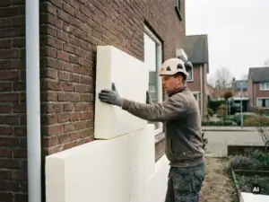 Vakman die witte isolatieplaten aanbrengt op de gevel van een Nederlandse bakstenen woning, woonwijk op de achtergrond.