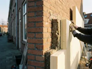 Gloved handen die witte isolatieplaten aanbrengen op een Nederlandse bakstenen gevel, met zichtbare spouwvulling en buitengevelisolatie in warm middaglicht.