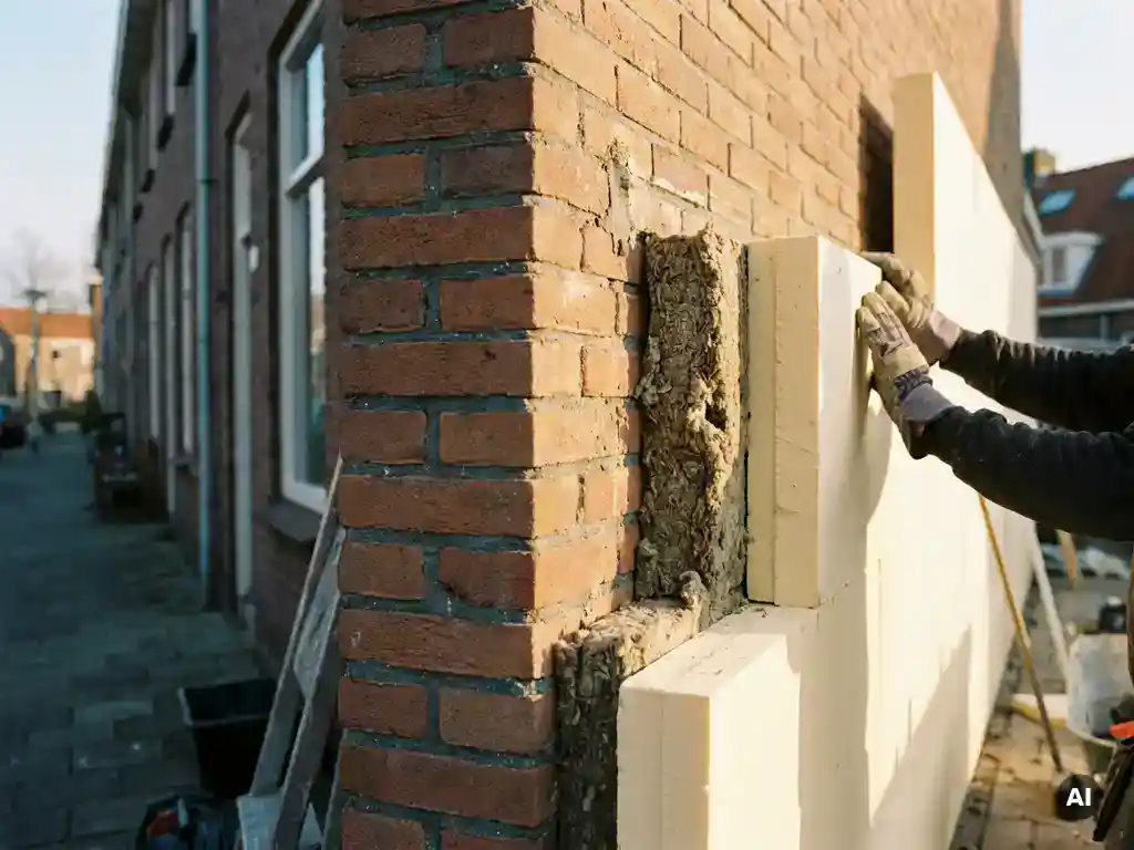 Gloved handen die witte isolatieplaten aanbrengen op een Nederlandse bakstenen gevel, met zichtbare spouwvulling en buitengevelisolatie in warm middaglicht.