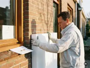 Vakman plaatst rigide isolatiepanelen op bakstenen gevel, met euromunten en subsidiedocument op vensterbank in warm middaglicht.
