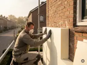 Vakman bevestigt witte isolatieplaat tegen bakstenen gevel van Nederlandse woning in woonwijk.