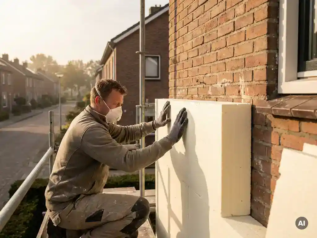 Vakman bevestigt witte isolatieplaat tegen bakstenen gevel van Nederlandse woning in woonwijk.